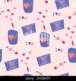 Simple seamless pattern. An envelope with a letter, a candle, an arrow. Valentine's Day background. Flat design in boho style. Stock Vector