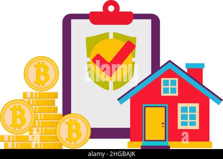 Contract. Buying a house using Bitcoin currency. An innovative contract. Payment with bitcoins.Vector illustration. Stock Vector