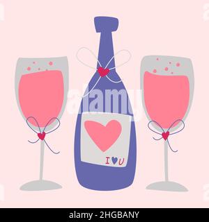 Champagne and glasses. A bottle of wine. Valentine card. Vector symbols of love. valentine's day. A series of postcards in boho style. Stock Vector