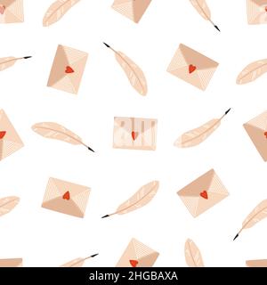 St. Valentine's Day seamless pattern. Envelopes and quills on a white background Stock Vector