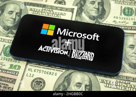 Kharkov, Ukraine - January 19, 2021: Microsoft and Activision Blizzard logo on smartphone screen close-up Stock Photo
