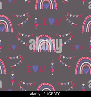 Simple seamless pattern. A rainbow with a heart, flags, a declaration of love on a dark background. Valentine's Day background. Flat design in boho st Stock Vector