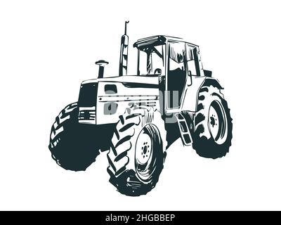 Agricultural harvester. Tractor vector sketch. Farm agricultural machine side view, from below. Stock Vector