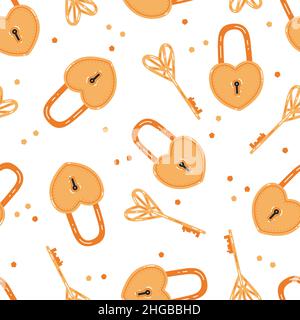 St. Valentine's Day seamless pattern with golden heart-shaped locks and keys Stock Vector