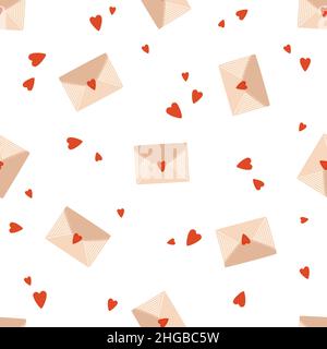 St. Valentine's Day seamless pattern. Envelopes and red hearts on a white background Stock Vector