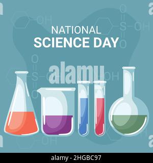 national science day with erlenmeyer flask, beaker, test tubes and volumetric flask Stock Vector