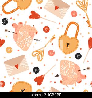 St. Valentine's Day seamless pattern. Key, heart-shaped lock, candies, envelope and human heart pierced with arrow Stock Vector