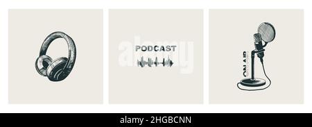 Set of covers for podcast show. Studio headphones, microphone on stand and sound wave. Vector sketch style. Stock Vector