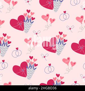 Simple seamless pattern. Gifts, hearts and bouquets of flowers on a pink background. Valentine's Day background. Flat design in boho style. Stock Vector