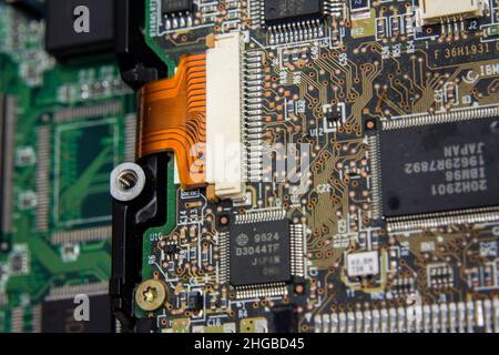 Macro shot of processor and other chips on a computer component Stock Photo