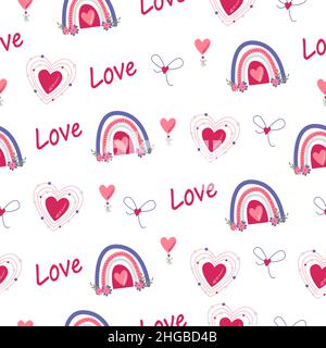 Simple seamless pattern. Heart, rainbow, love, bow. Valentine's Day background. Flat design in boho style. Stock Vector
