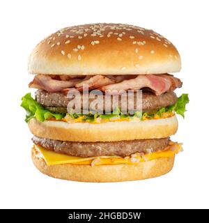 Appetizing burger with beef cutlet. Isolated on white background. Stock Photo