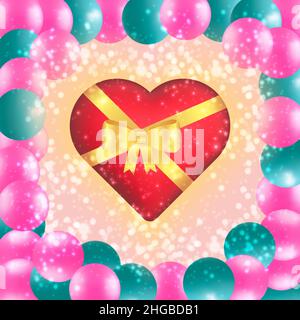 A heart with a gift bow. 3d heart on the background of the sky and balloons. Stock Vector