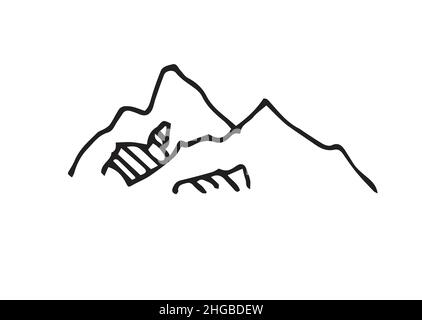 Distant mountain cliff. In the style of contour engraving. Sketch sketch. Hand drawing isolated on white background. Vector Stock Vector