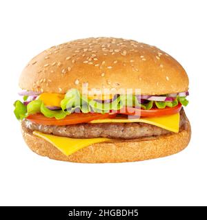Appetizing burger with beef cutlet. Isolated on white background. Stock Photo