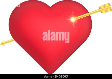 Heart and Arrow realistic 3d Heart pierced by cupid's golden arrow. A luxurious decoration for Valentine's Day. Stock Vector