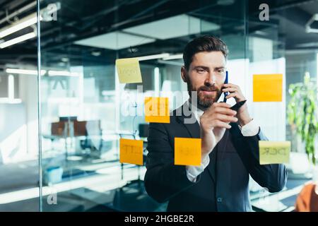 businessman in reflection at a glass task board, a man talking on the phone, hanging plans on colored paper stickers, plans for the near future Stock Photo