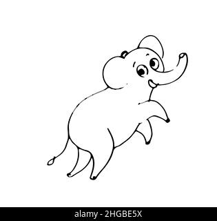 Cheerful cartoon elephant. Funny cute animal. Outline sketch. Hand drawing is isolated on a white background. Vector Stock Vector