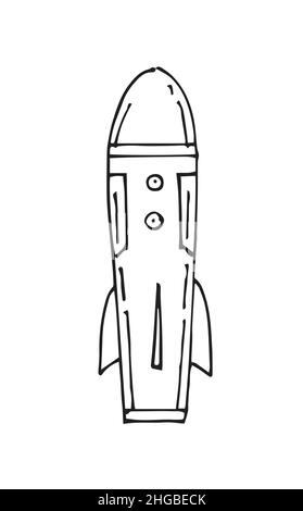 Space rocket. Beautiful space object. Simple doodle drawing in childish style. Nuclear bomb. Outline sketch. Hand drawing isolated on white background Stock Vector