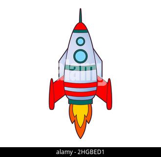 Rocket flying up into space. Icon, coloring book. Vector isolated illustration on white background, black and white line art Stock Vector