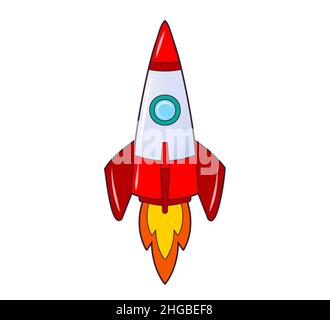 Rocket flying up into space. Icon, coloring book. Vector isolated illustration on white background, black and white line art Stock Vector