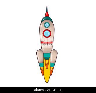 Rocket flying up into space. Icon, coloring book. Vector isolated illustration on white background, black and white line art Stock Vector