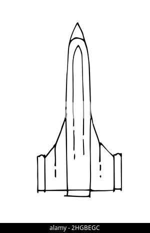 Space rocket. Beautiful space object. Simple doodle drawing in childish style. Controlled shuttle. Outline sketch. Hand drawing isolated on white Stock Vector