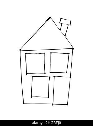 Funny house in the style of a child's drawing. Outline sketch. Hand drawing is isolated on a white background. Vector Stock Vector
