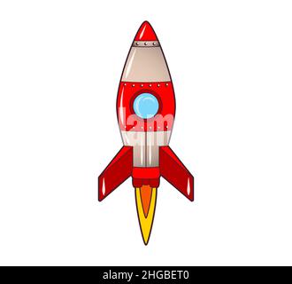 Rocket flying up into space. Icon, coloring book. Vector isolated illustration on white background, black and white line art Stock Vector