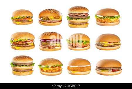 Collage of 12 delicious burgers on a white background. Stock Photo