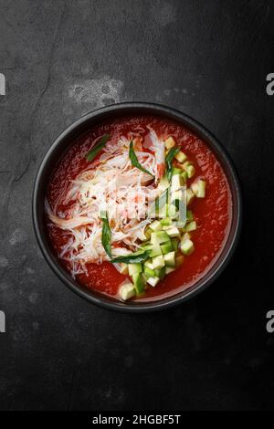 Tomato soup with Kamchatka crab. Stock Photo