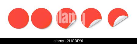 Red paper round adhesive sticker set with a curved edges. Blank templates of a price tag. Realistic vector stickers Stock Vector
