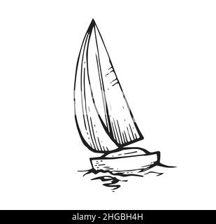 Sailing yacht floats on waves. Small ship for recreation and travel. Front view. Outline sketch. Hand drawing isolated on white background. Vector Stock Vector