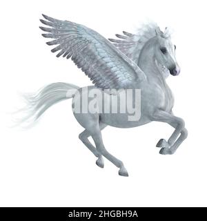 A beautiful white Pegasus stallion, a legendary mythical horse with wings, takes off for the sky. Stock Photo