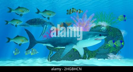 A Great White Shark passes many tropical fish and Green Sea Turtle swimming around an ocean reef. Stock Photo