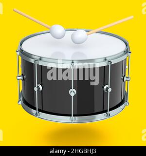 Realistic drum and wooden drum sticks on yellow. 3d render of musical instrument Stock Photo