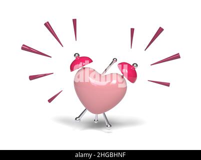 Cute heart shape alarm clock ringing. 3D illustration. Stock Photo