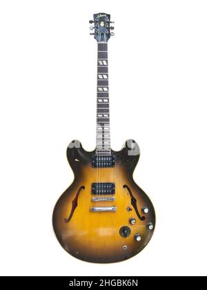 Illustrative editorial photo of a vintage 1959 Gibson ES 335 hollow body electric guitar with white background on July 26, 2009 in Los Angeles, CA. Stock Photo