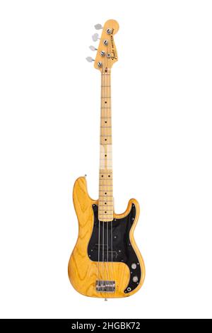 Illustrative editorial photo of vintage Fender Precision electric bass guitar on white background on June 19, 2014 in Los Angeles, California, USA. Stock Photo
