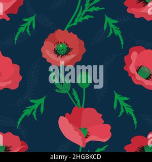 Poppies seamless pattern on a dark background. Floral vector pattern with red poppies. Pattern for memorial day Stock Vector