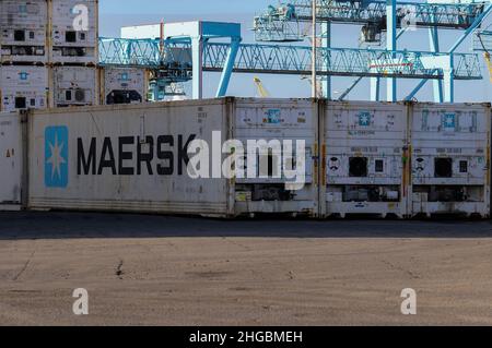Maersk shipping containers stacked in dock beside gantry crane. White refrigerated crates used to transport or ship chilled goods or freight. Ireland