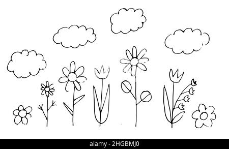 Funny meadow in the style of a childs drawing with thickets of flowers. Naive landscape. Outline sketch. Hand drawing is isolated on a white Stock Vector