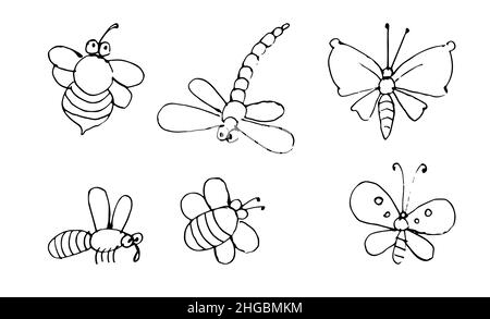 Set of Funny comical insect. Outline sketch. Hand drawing is isolated on a white background. Vector Stock Vector