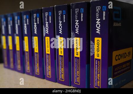 January 19 2022: BinaxNOW COVID-19 antigen self test kits from Abbott Laboratories. Stock Photo