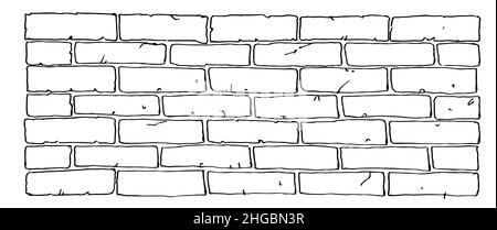 Brick stone wall. Outline sketch. Hand drawing is isolated on a white background. Vector Stock Vector