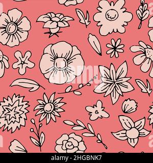 Beautiful funny flower. Red Seamless pattern. Cute simple cartoon style. Outline sketch. Hand drawing design. Vector Stock Vector