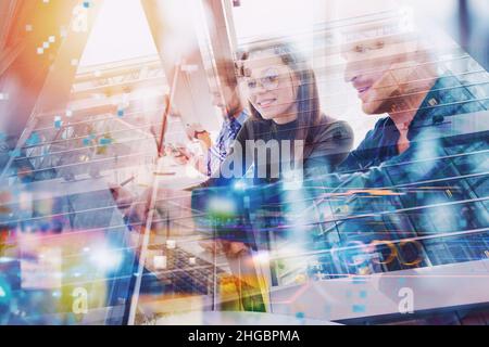 businessman works in office with a laptop connected on internet network Stock Photo