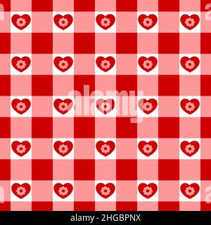 Vichy seamless pattern with hearts. Checkered Valentine day texture for picnic blanket, tablecloth, plaid. Fabric background, retro gingham design. Vector flat illustration Stock Vector