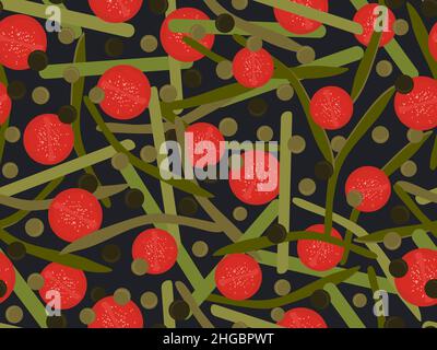 Tomatoes with asparagus and olives seamless pattern. Salad with green beans. Design for printing, wrapping paper and banners for cafes and canteens. V Stock Vector