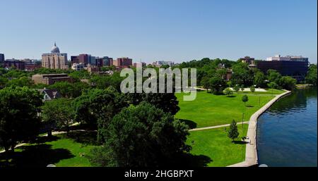Aerial view of City of Madison skyline, James Madison Park, on sunny, clear day, along Lake Mendota, Madison, Wisconsin, USA Stock Photo